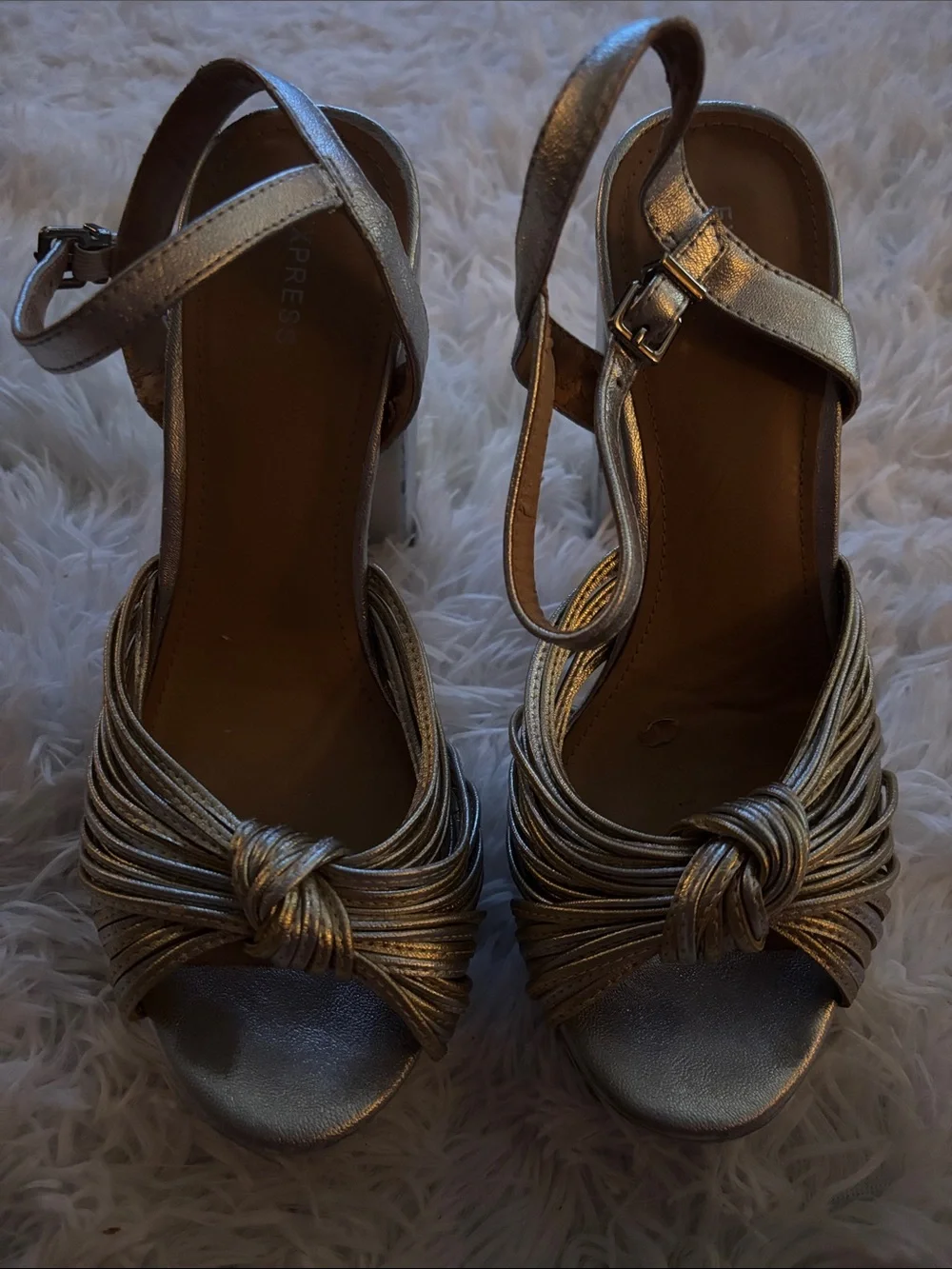 Express Metallic Gold Knot Front Ankle-Strap Heels